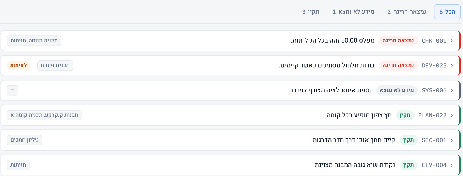 דוח בדיקה: רשימת ממצאים עם סטטוס, הגיליון שבו נמצא כל ממצא, וסימון של ממצאים שדורשים אימות